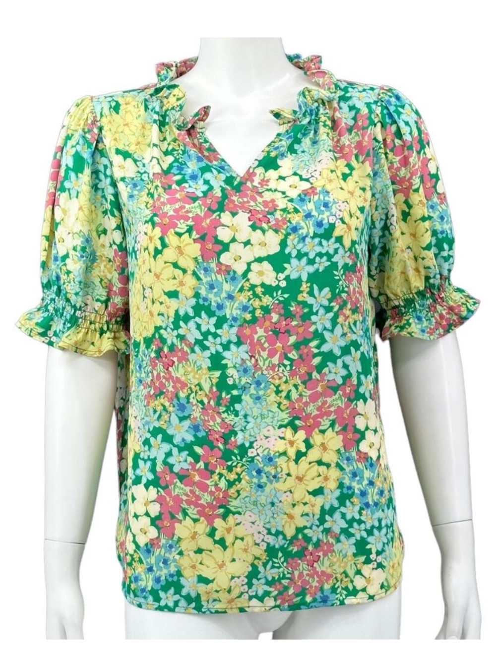 Pleione size small Floral Ruffle Neck Puff Sleeve Top